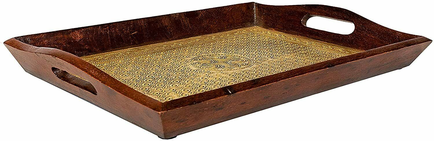 Orientalisches Indisches Serviertablett aus Holz mit Messing verziert