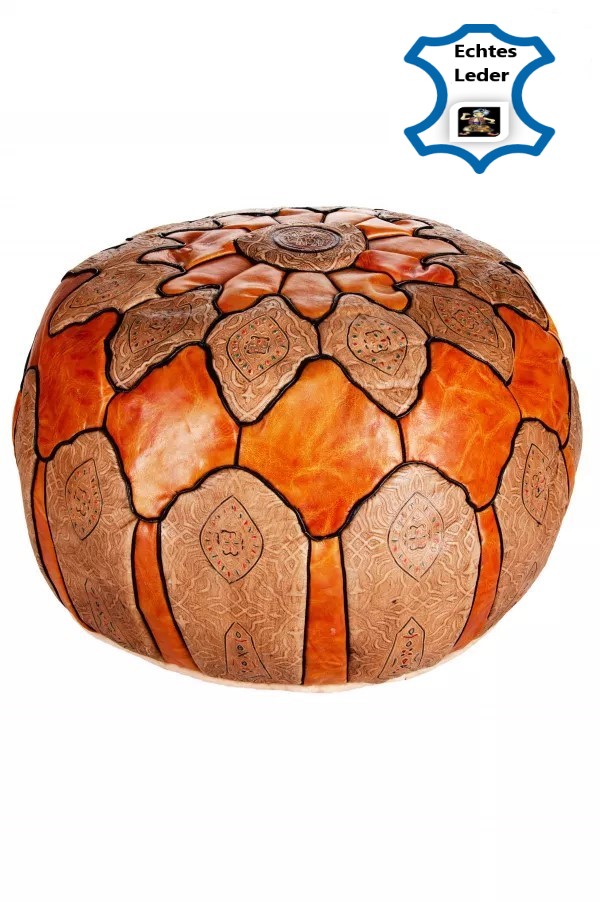 Orientalisches Marokkanisches Leder-Sitzkissen, edler Sitzpouf 60cm Orange