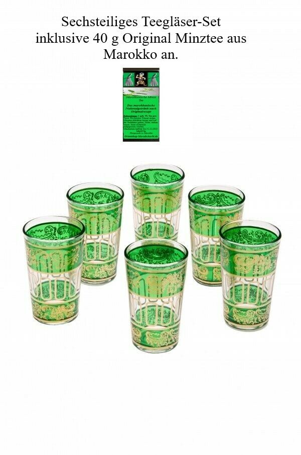 Orientalisches 6x Teeglas Teegläser-Set Farbe: Grün - Gold NEU